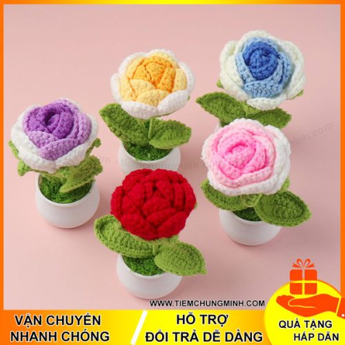 chau cay hoa moc len handmade