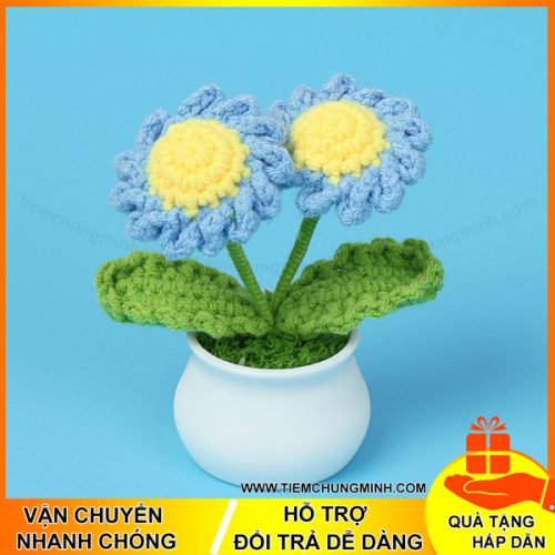 chau hoa cuc mau xanh 2 bong moc len handmade