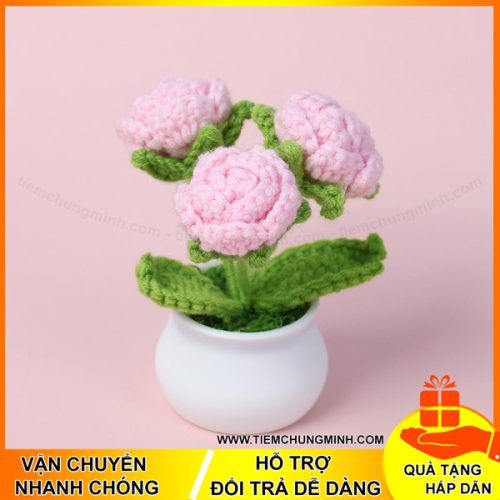 chau hoa hong 3 bong mau hong moc len handmade