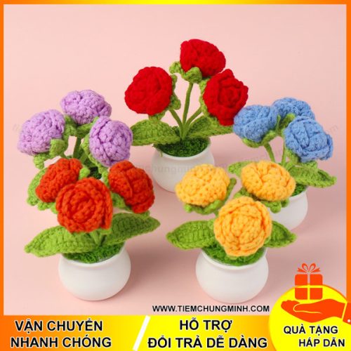 chau hoa hong 3 bong moc len handmade