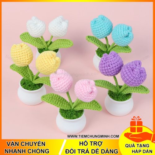 chau hoa tulip 2 bong moc len handmade