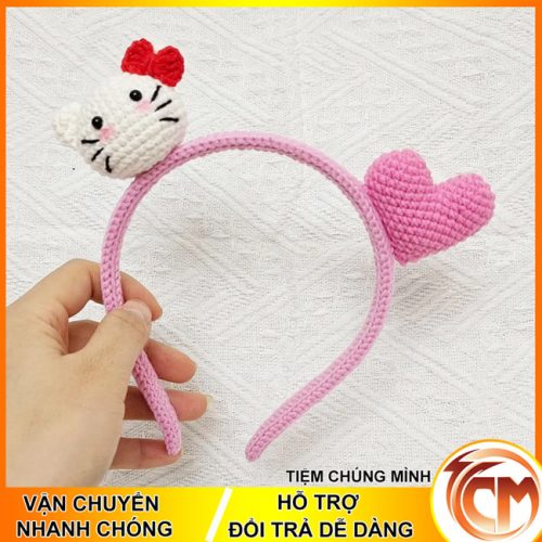 Băng đô cài tóc Nữ móc bằng Len Mèo Hello Kitty