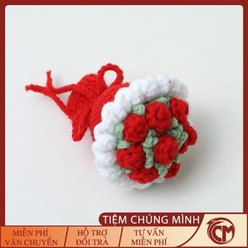 Móc khóa bó hoa hồng đỏ tươi mini bằng len