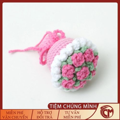 Móc khóa bó hoa mini bằng len màu Hồng