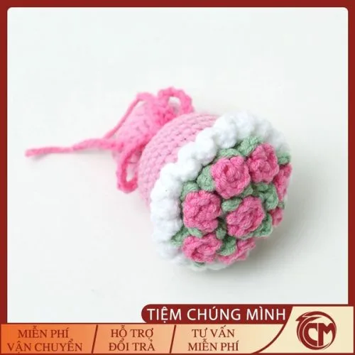 Móc khóa bó hoa mini bằng len màu Hồng