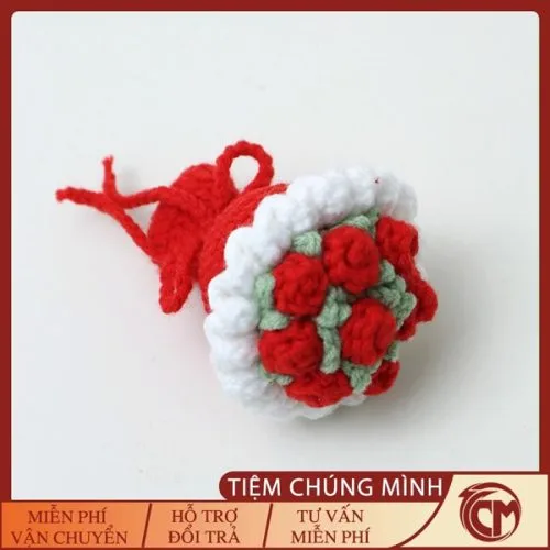 Móc khóa bó hoa mini bằng len Hồng Đỏ Tươi