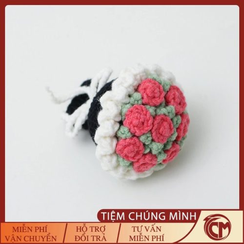 Móc khóa bó hoa mini bằng len Hồng Đậm