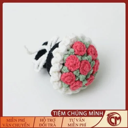 Móc khóa bó hoa mini bằng len Hồng Đậm