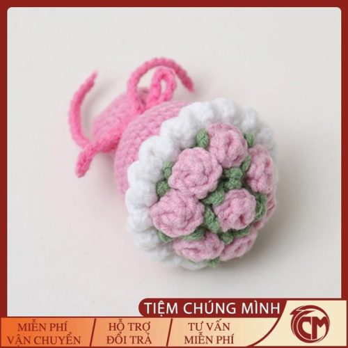 Móc khóa bó hoa mini bằng len Hồng Nhạt
