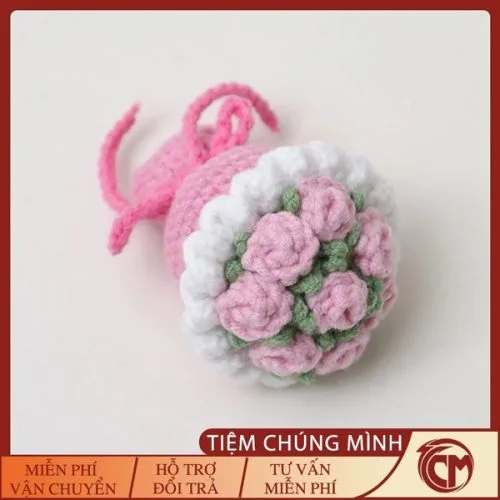 Móc khóa bó hoa mini bằng len Hồng Nhạt