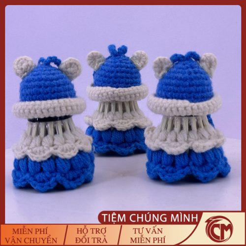Móc khóa cầu lông đan len chú gấu
