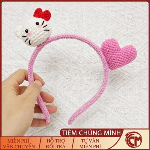 Bờm tóc đan len hình Hello kitty đáng yêu