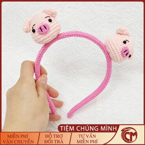 Bờm tóc đan len hình Heo hồng dễ thương