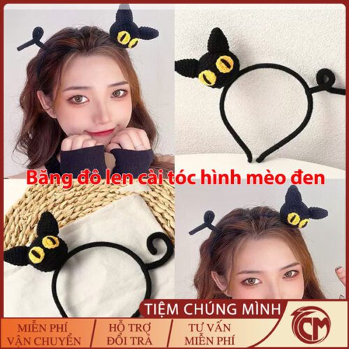 Băng đô len cài tóc hình mèo đen