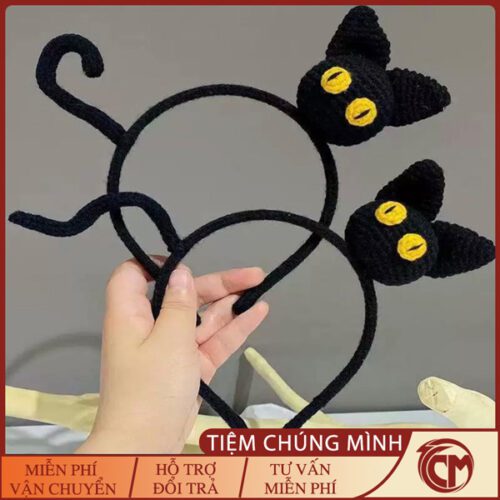 Băng đô len cài tóc hình mèo đen
